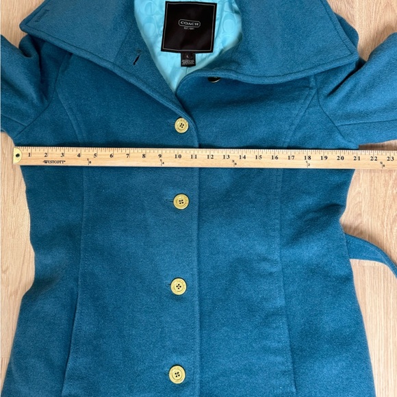 COACH Wool Mohair Teal Belted Peacoat Gold Buttons Size Large VGUC - Picture 7 of 7